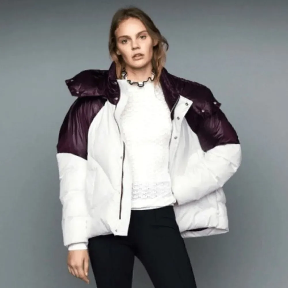 Maje Color-block H18 Brax Puffer Winter Jacket Oversized White Purple Size S